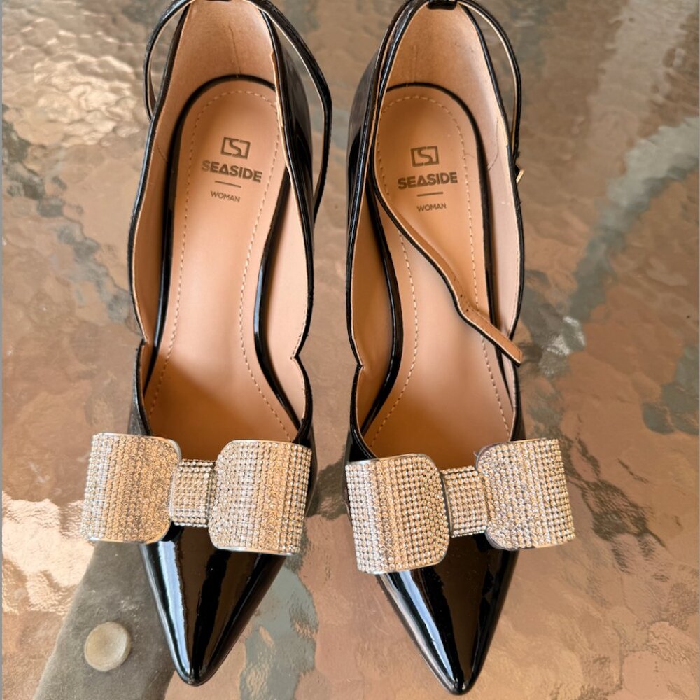 Seaside Black Stiletto Pumps w/Rhinestone Embellished Bow